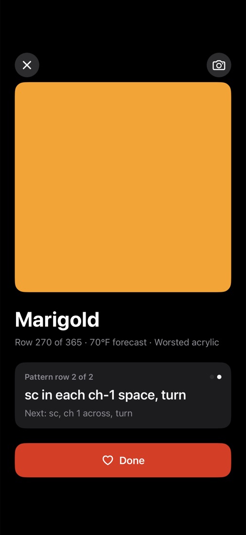 Working mode showing today's color, Marigold, row 270 of 365, and the pattern row